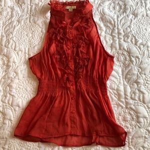 Sheer, dark coral blouse with lace detailing